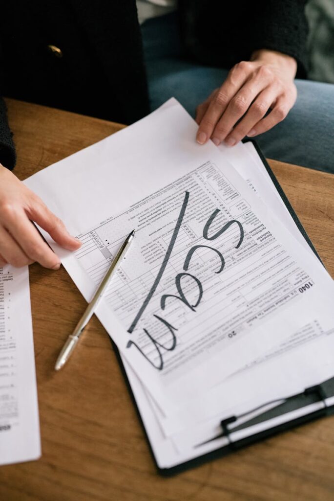 Close-up of hands on tax form with 'scam' written, highlighting tax fraud.