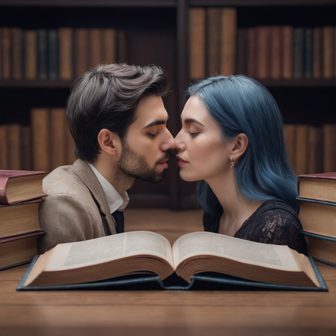 novel, love, couple, romance, romantic, in love, together, relationship, lovers, book, literature, read, library, knowledge, history, pages, woman, kiss, marriage, narration, generated by ai