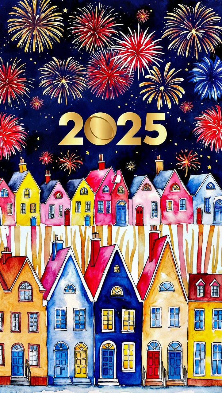 ai generated, new year's day, 2025, to celebrate, celebration, fireworks, year, beginning of the year, houses, new year's eve card, multi coloured, drawing, watercolor