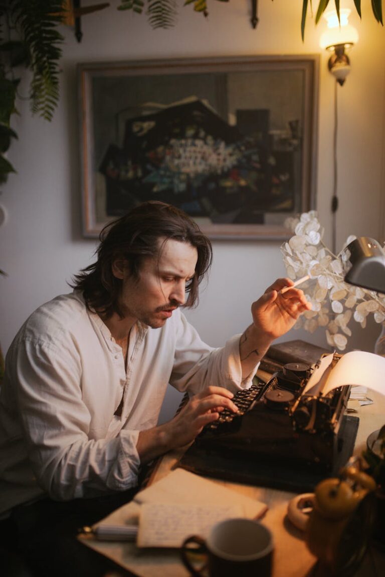 Man absorbed in writing with a vintage typewriter in a cozy room setting.