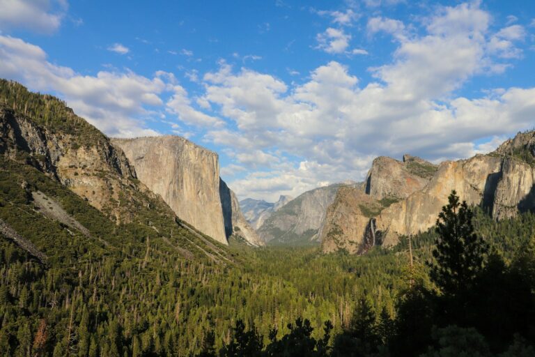 A view of a valley with mountains in the background