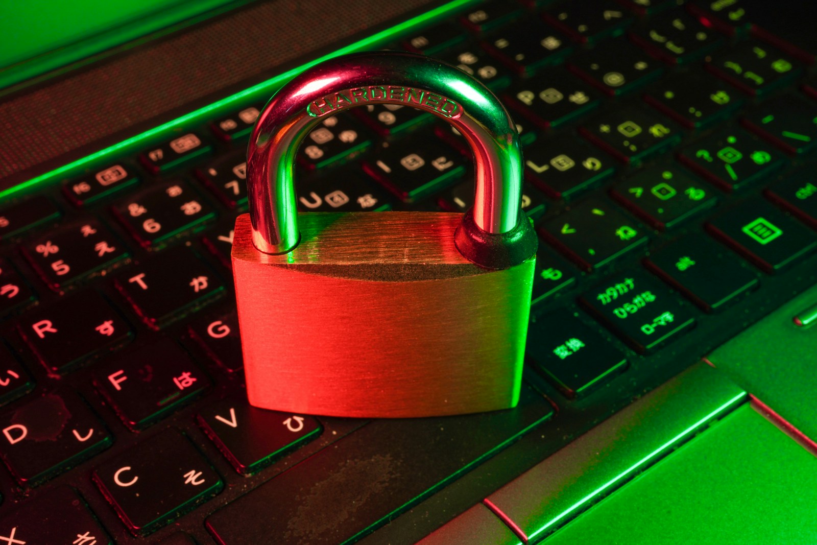 <strong>Love Locks on Namsan Mountain </strong> red padlock on black computer keyboard