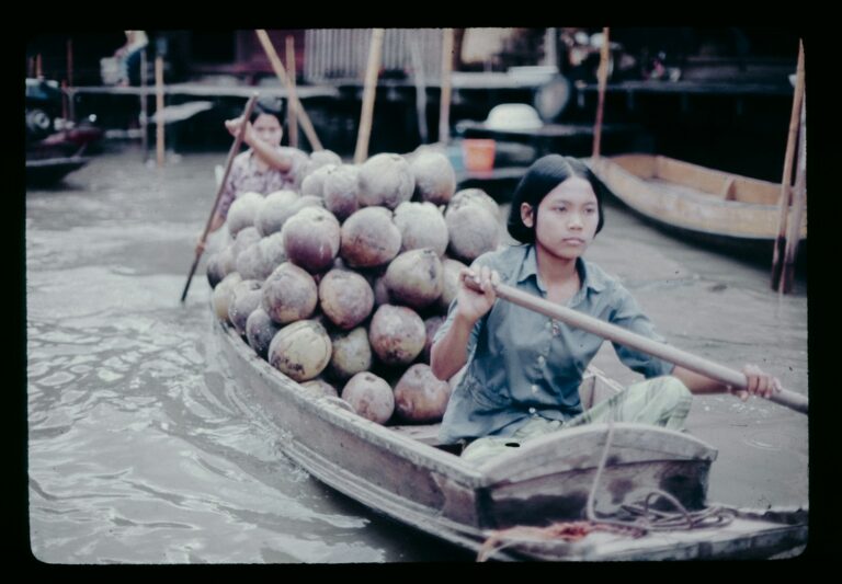 A young woman sitting in a boat filled with coconuts