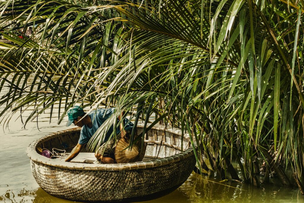 Man in brown wicker basket