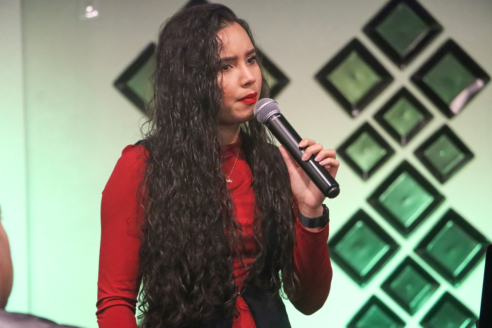 A woman in red long sleeve shirt holding microphone